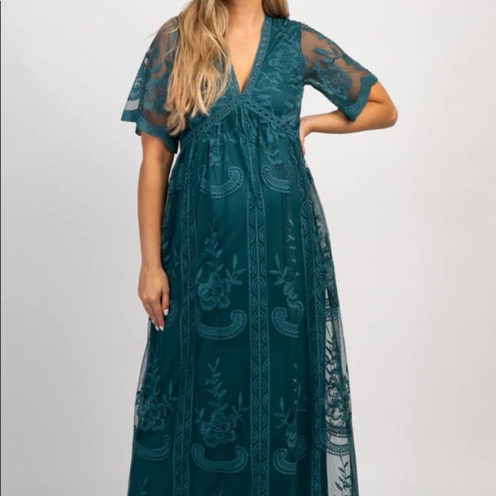 Pinkblush Turquoise lace mesh overlay maternity dress